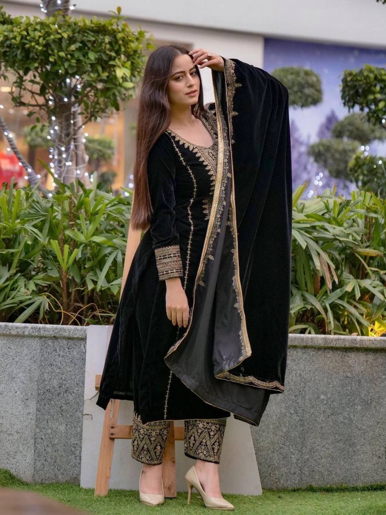 Presenting Party Wear Embroidery Sequence Work Pakistani Round Neck Fully Stitched Black Color Velvet Salwar Suit for Women - Femenica