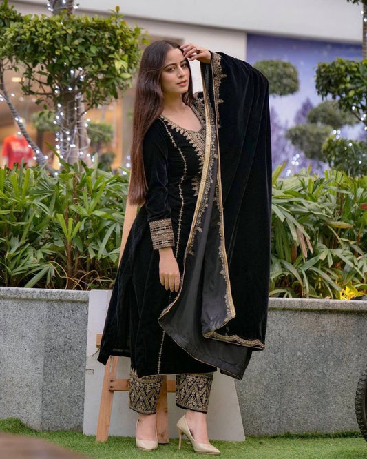 Presenting Party Wear Embroidery Sequence Work Pakistani Round Neck Fully Stitched Black Color Velvet Salwar Suit for Women - Femenica