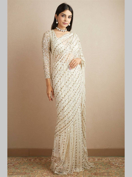 White Georgette sequence fancy saree - Femenica