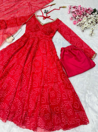 Georgette Anarkali Red Suit With Designer Lace Border - Femenica