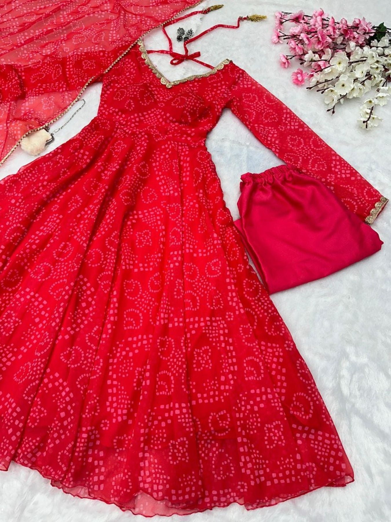 Georgette Anarkali Red Suit With Designer Lace Border - Femenica