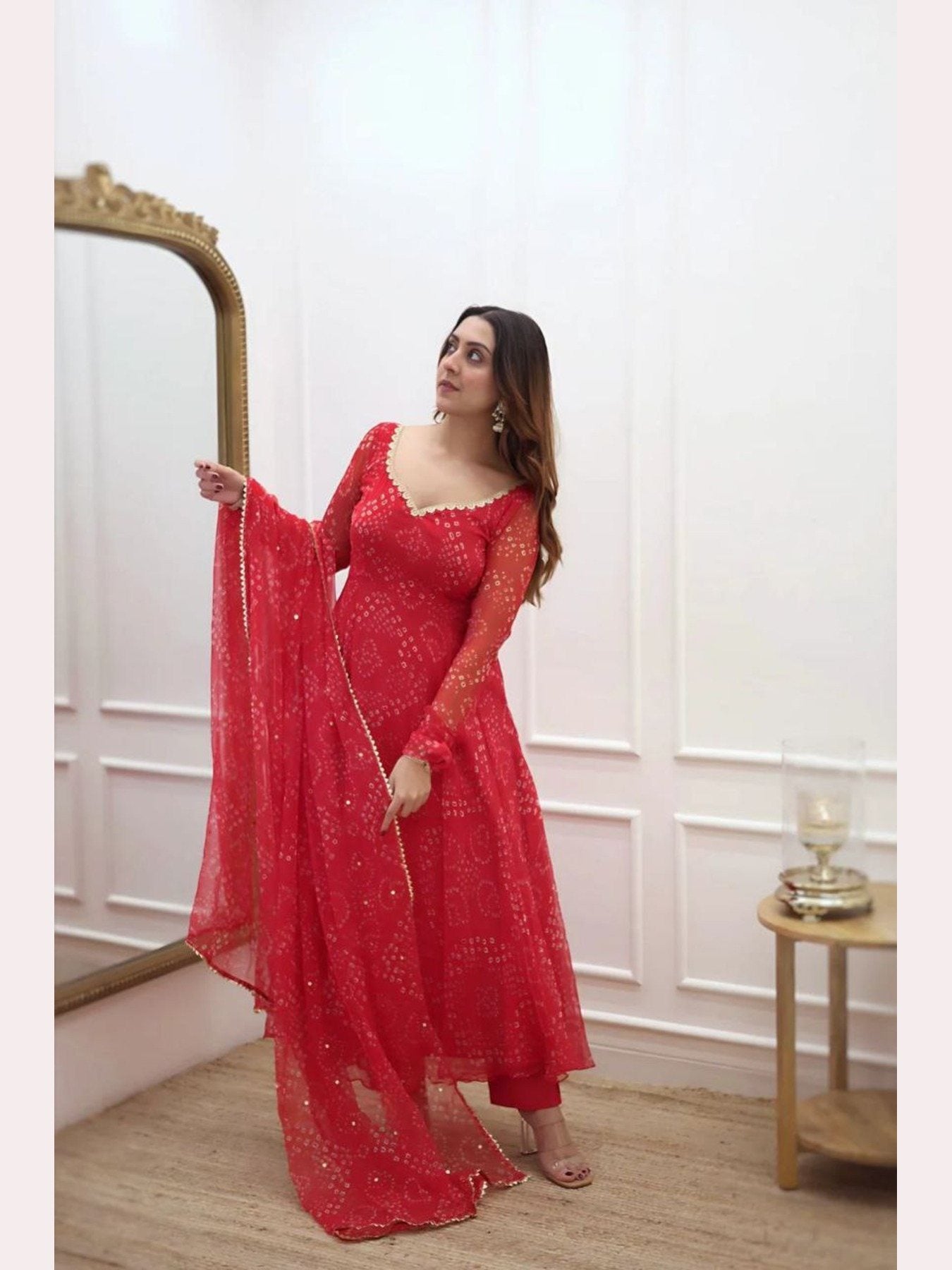 Georgette Anarkali Red Suit With Designer Lace Border - Femenica