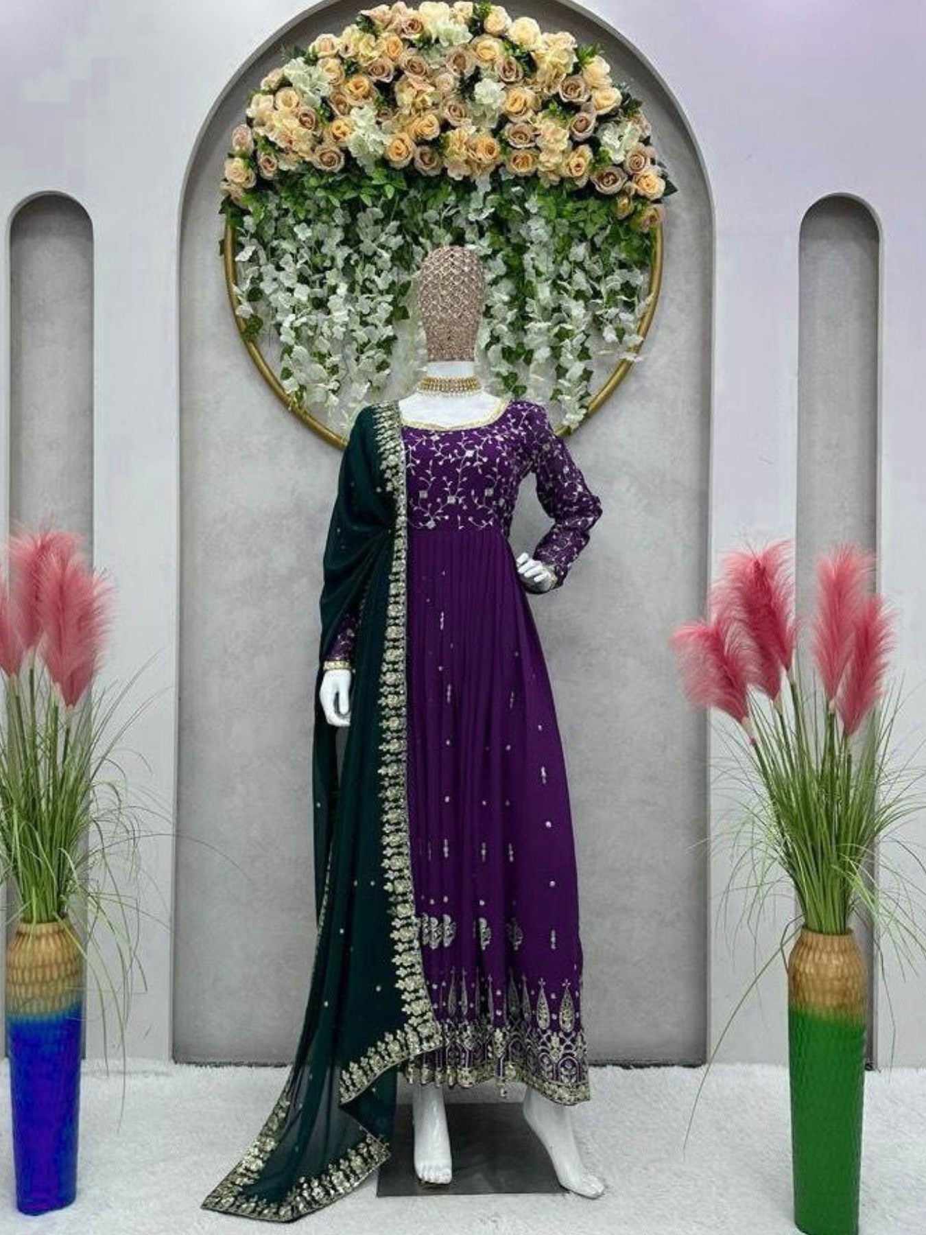 Purple Georgette Embroidered Anarkali Dress - Femenica