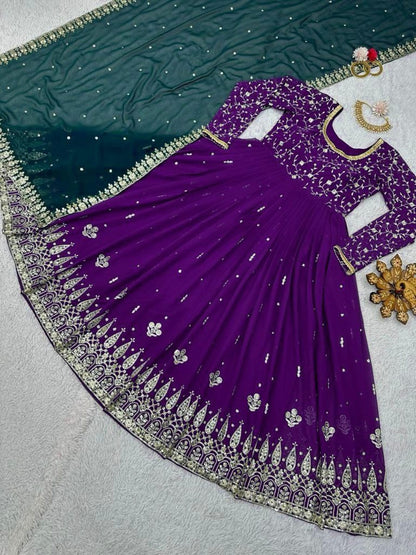 Purple Georgette Embroidered Anarkali Dress - Femenica