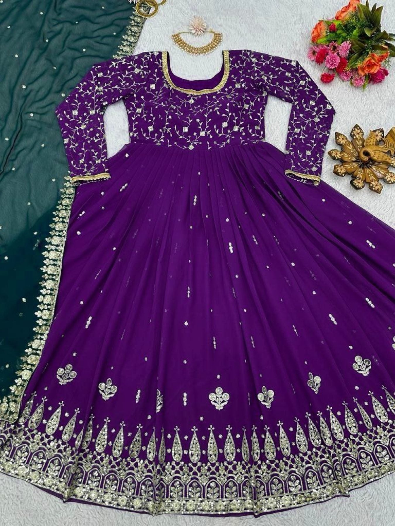 Purple Georgette Embroidered Anarkali Dress - Femenica