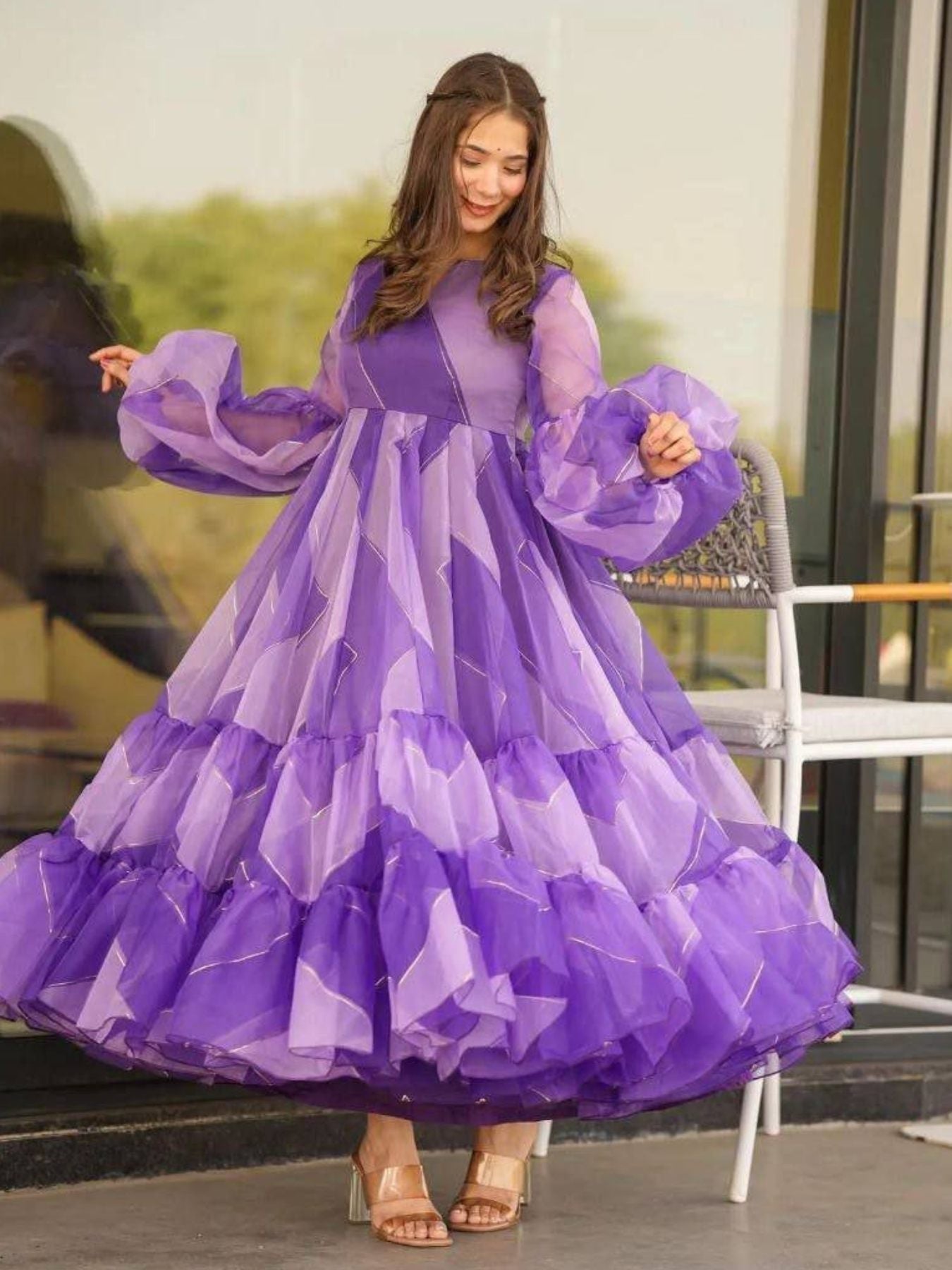 Purple Tabby Organza Anarkali Gown - Femenica