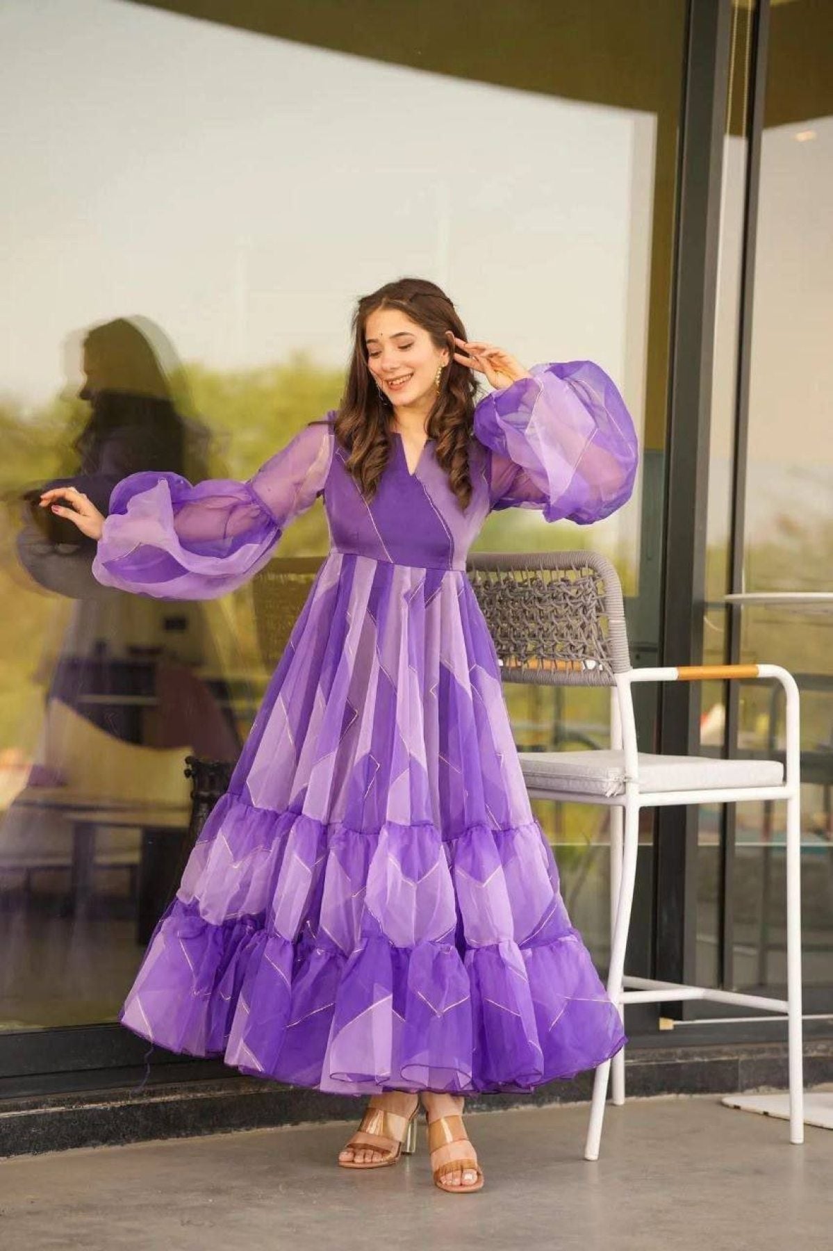 Purple Tabby Organza Anarkali Gown - Femenica