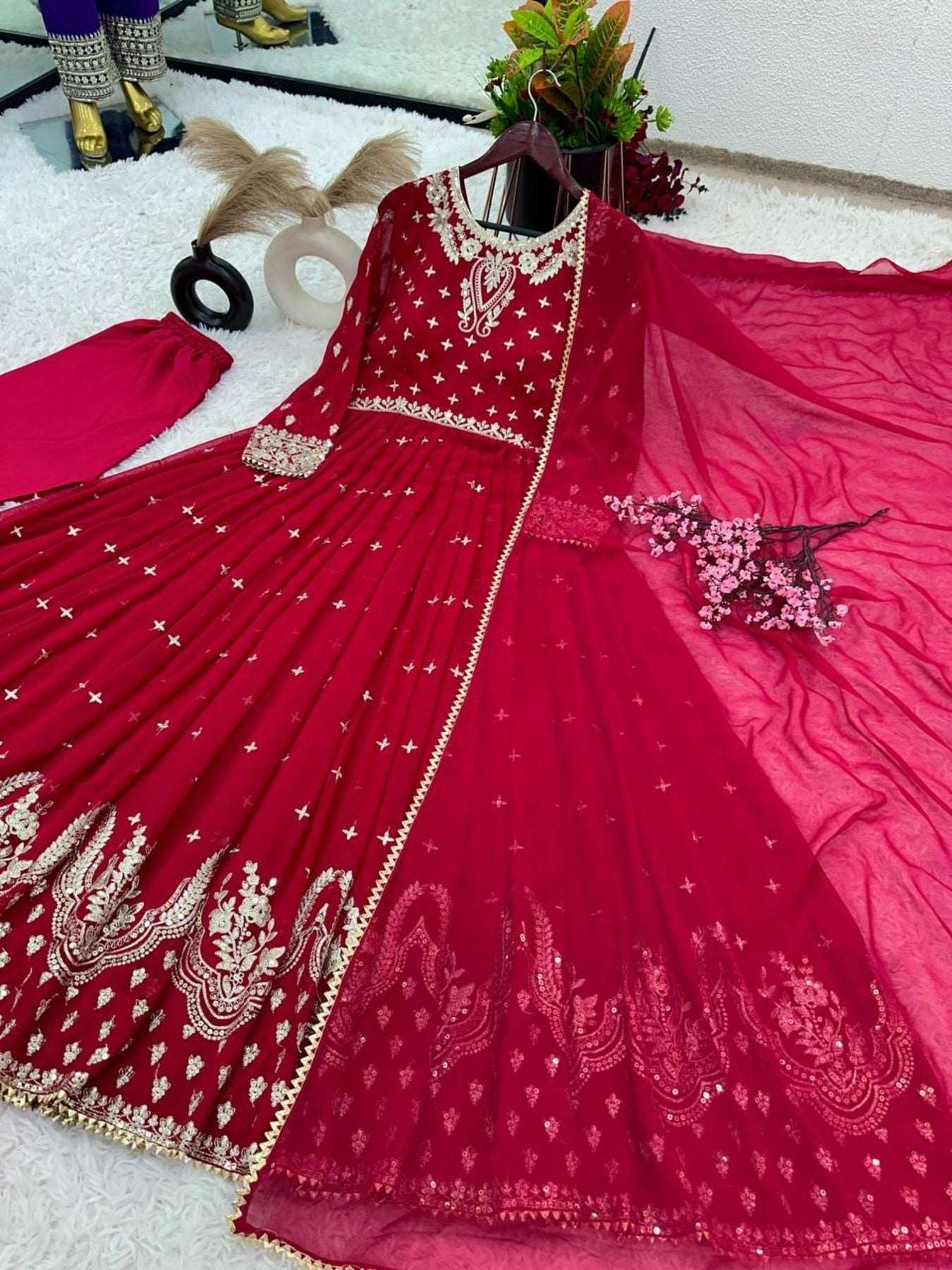 Georgette Embroidered Red Gown Pant With Dupatta - Femenica