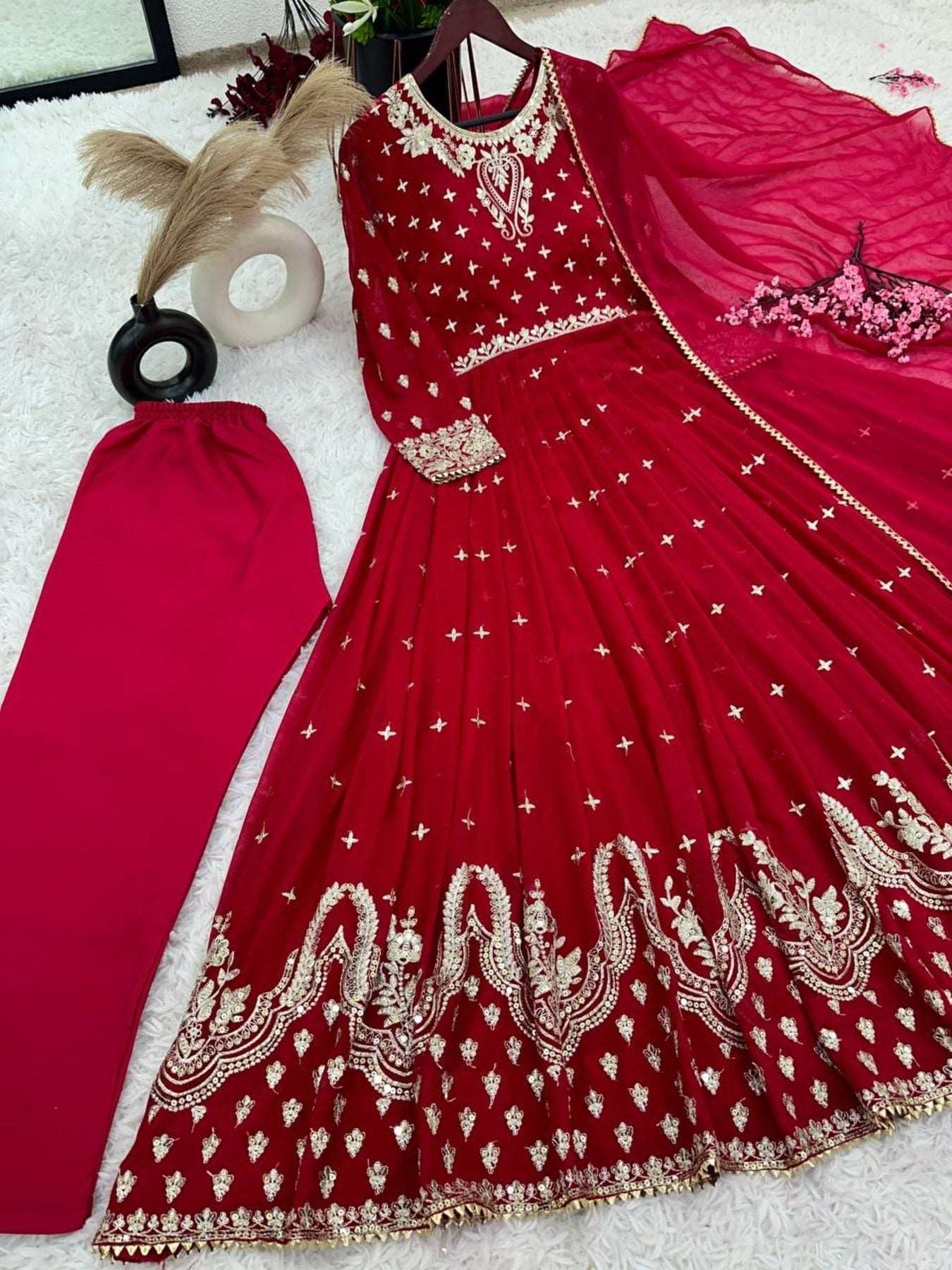 Georgette Embroidered Red Gown Pant With Dupatta - Femenica