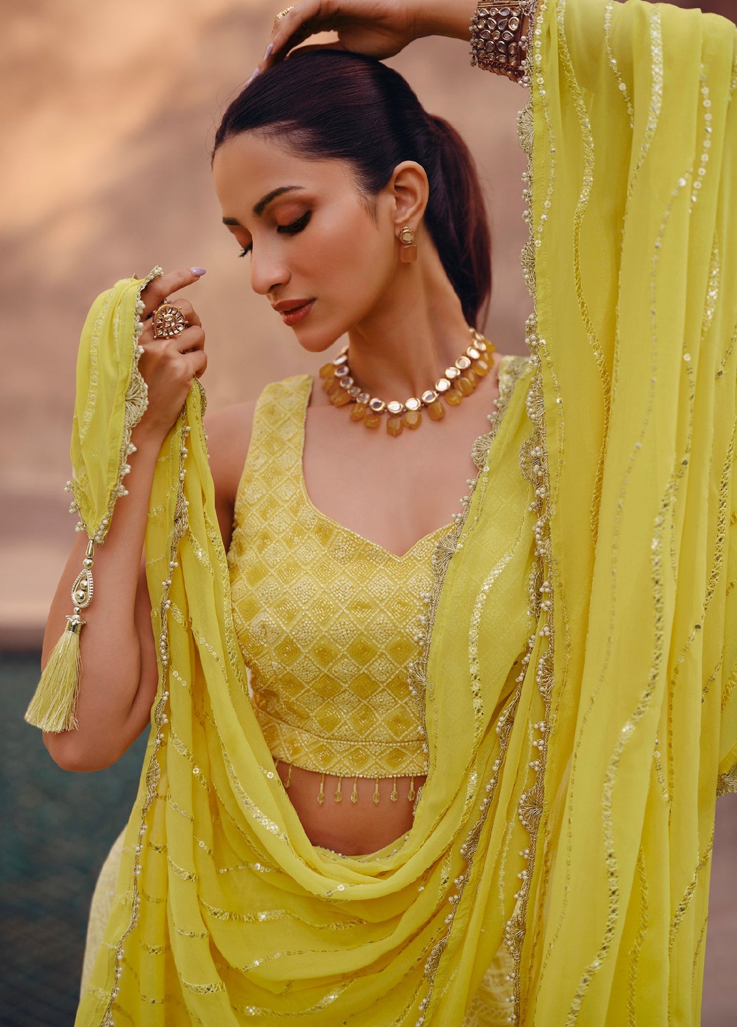 Yellow Embroidered Crop Top and Skirt Lehenga Set - Femenica