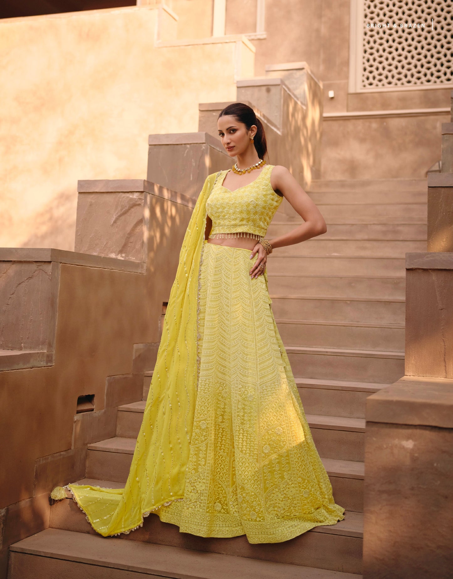 Yellow Embroidered Crop Top and Skirt Lehenga Set - Femenica