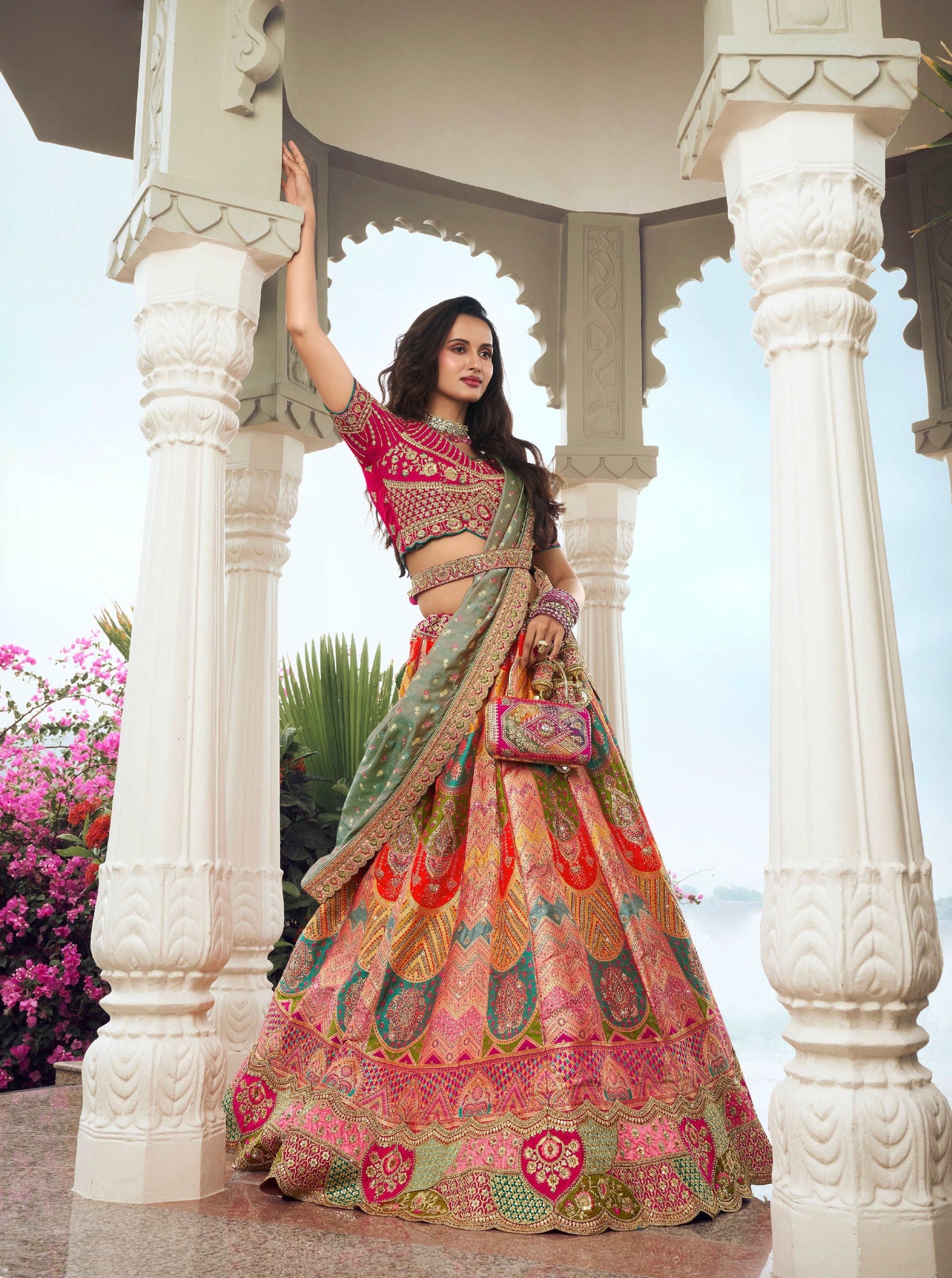 Orange and Pink Banarasi Silk Lehenga with Zarkan Codding - Femenica