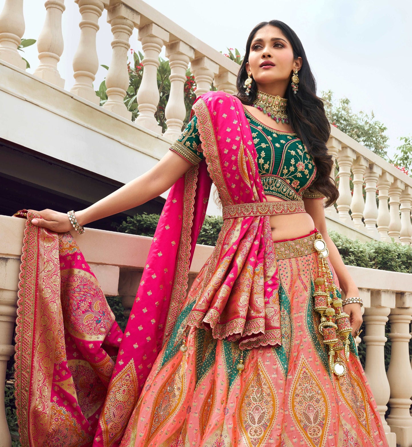 Multicolor Banarasi Silk Lehenga with Zarkan Work for Weddings - Femenica