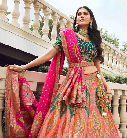 Multicolor Banarasi Silk Lehenga with Zarkan Work for Weddings - Femenica