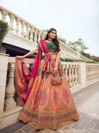 Multicolor Banarasi Silk Lehenga with Zarkan Work for Weddings - Femenica