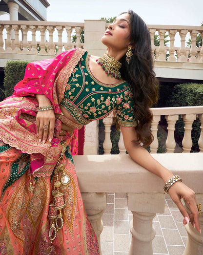 Multicolor Banarasi Silk Lehenga with Zarkan Work for Weddings - Femenica