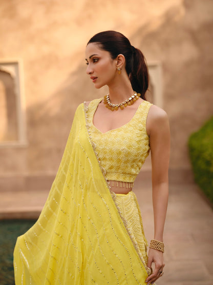 Yellow Embroidered Crop Top and Skirt Lehenga Set - Femenica