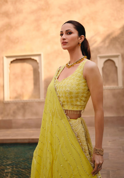 Yellow Embroidered Crop Top and Skirt Lehenga Set - Femenica