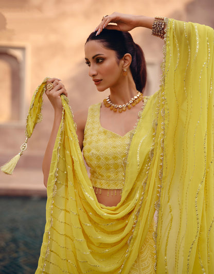 Yellow Embroidered Crop Top and Skirt Lehenga Set - Femenica