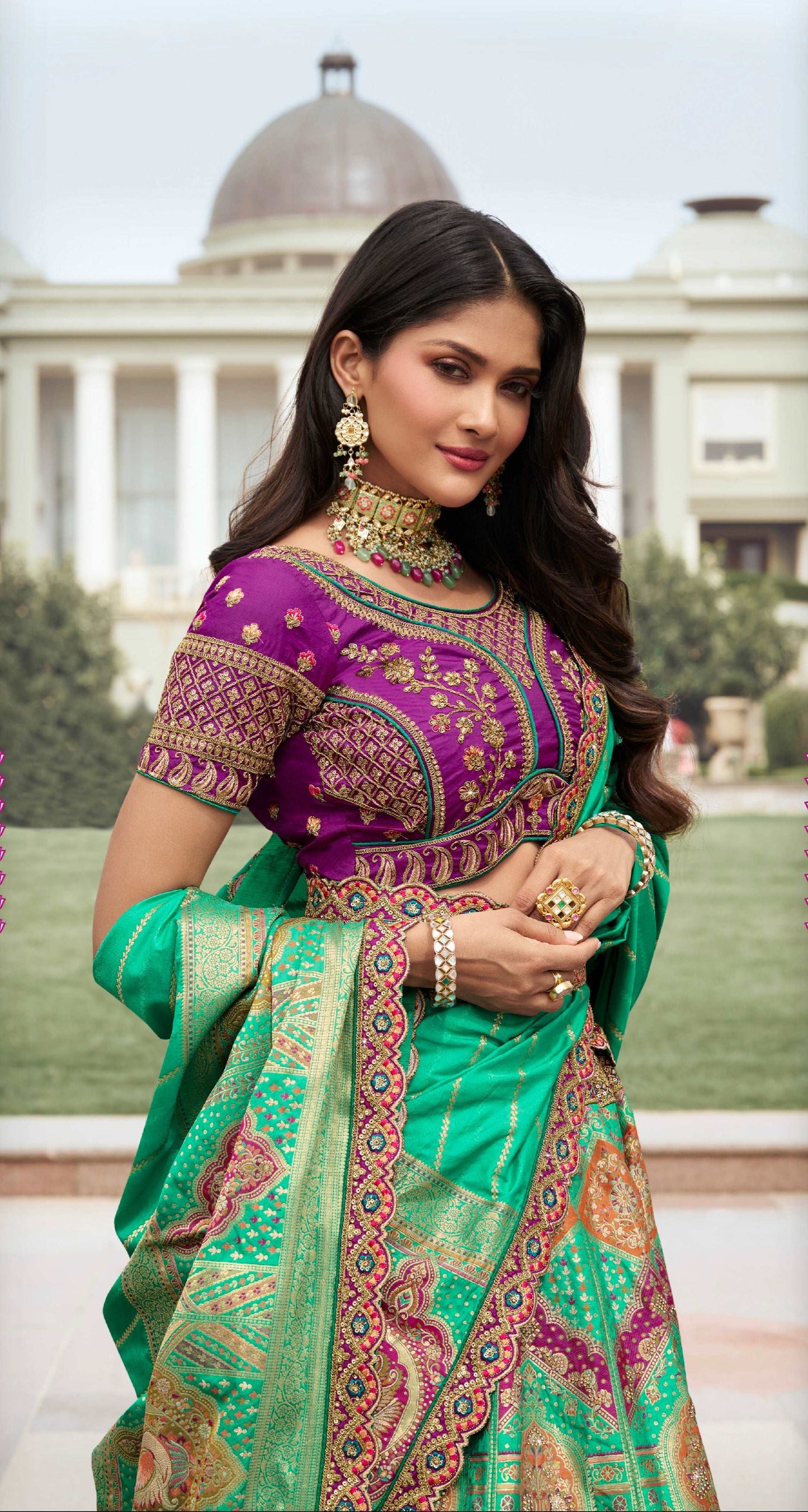 Green and Pink Banarasi Silk Lehenga with Zarkan Codding Work - Femenica