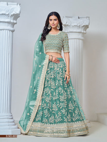 Elegant Net Party Wear Lehenga with Intricate Thread & Sequence Work - Femenica