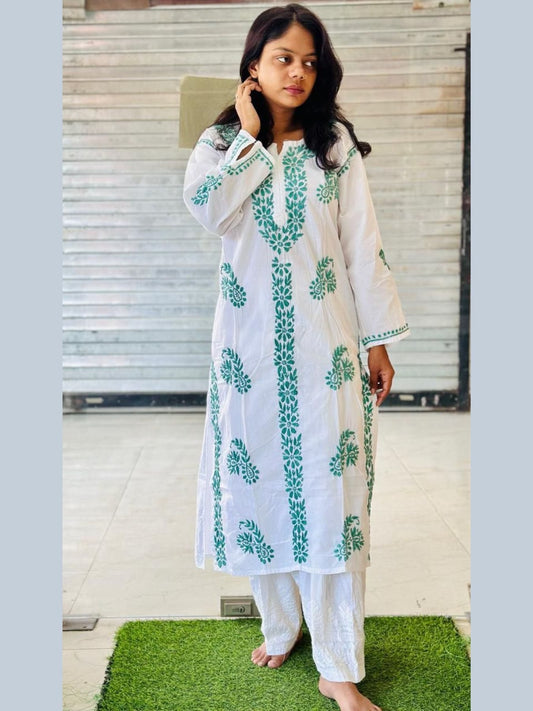 Femenica Lucknowi Handmade Chikankari Kurti with Elegant Contrast Thread Embroidery - Femenica