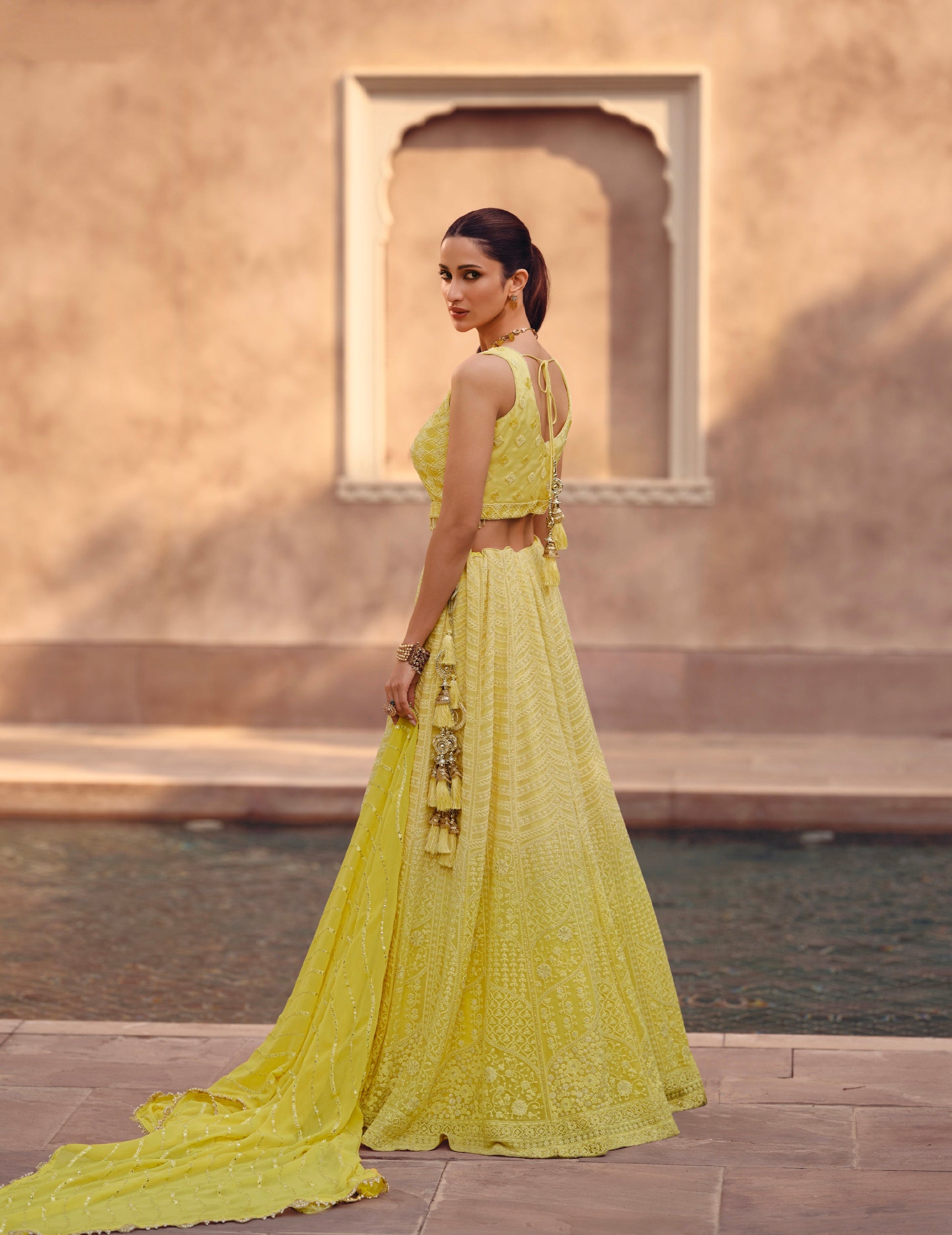 Yellow Embroidered Crop Top and Skirt Lehenga Set - Femenica