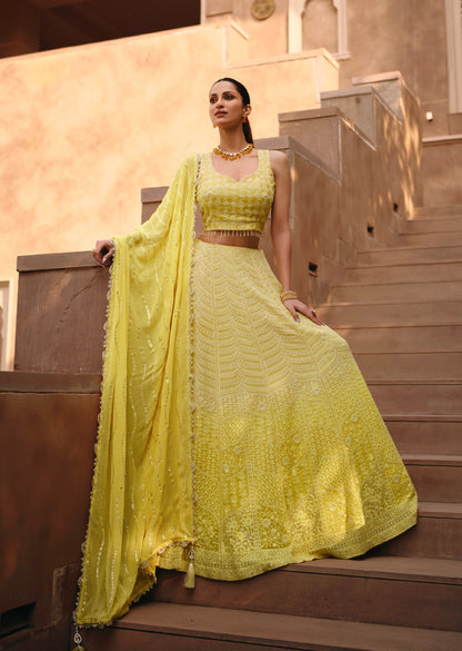 Yellow Embroidered Crop Top and Skirt Lehenga Set - Femenica