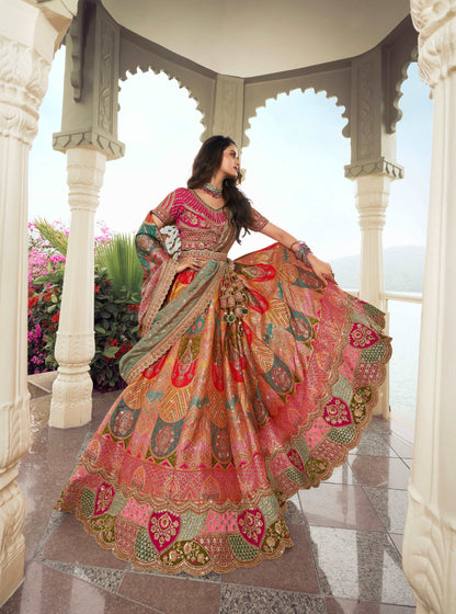 Orange and Pink Banarasi Silk Lehenga with Zarkan Codding - Femenica