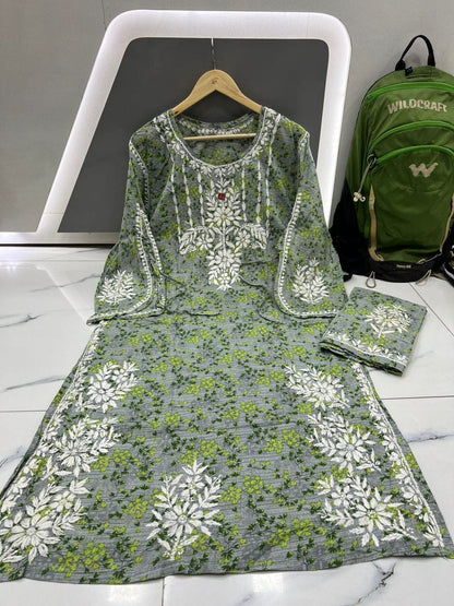 Printed MulMul Chikankari Kurti And Plazzo - Femenica