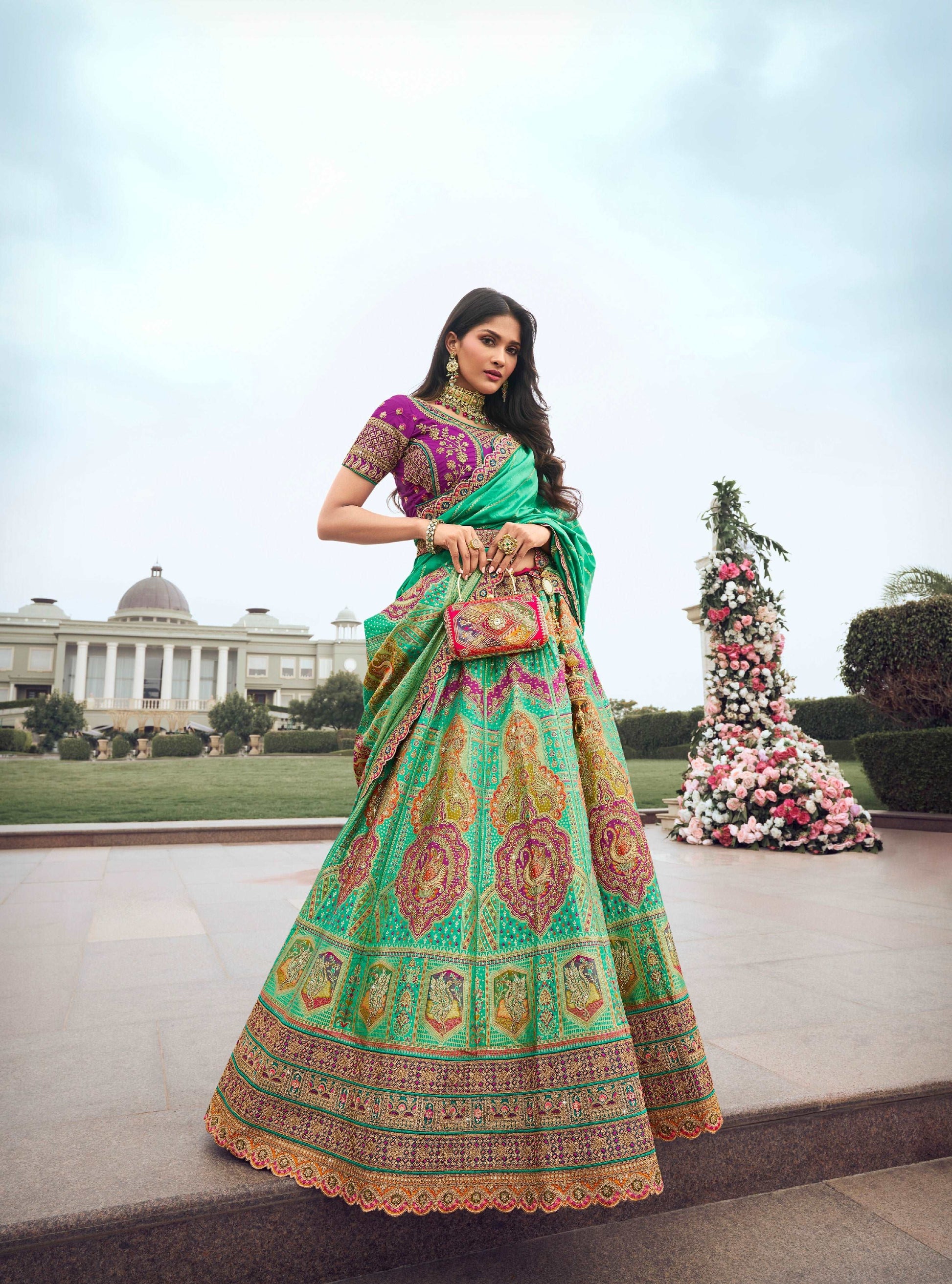 Green and Pink Banarasi Silk Lehenga with Zarkan Codding Work - Femenica