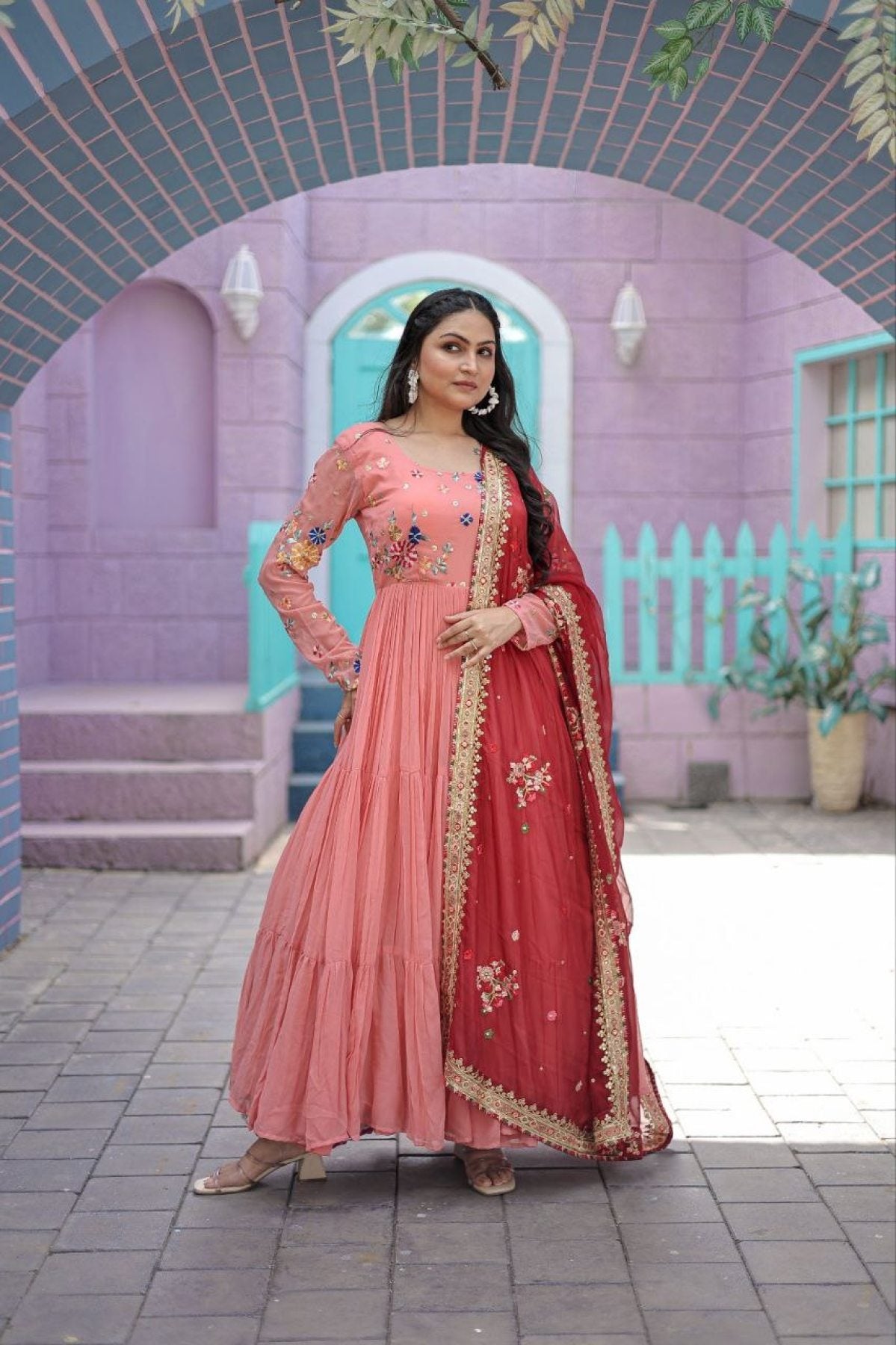 Round Neck Georgette Embroidered Gown With Dupatta - Femenica