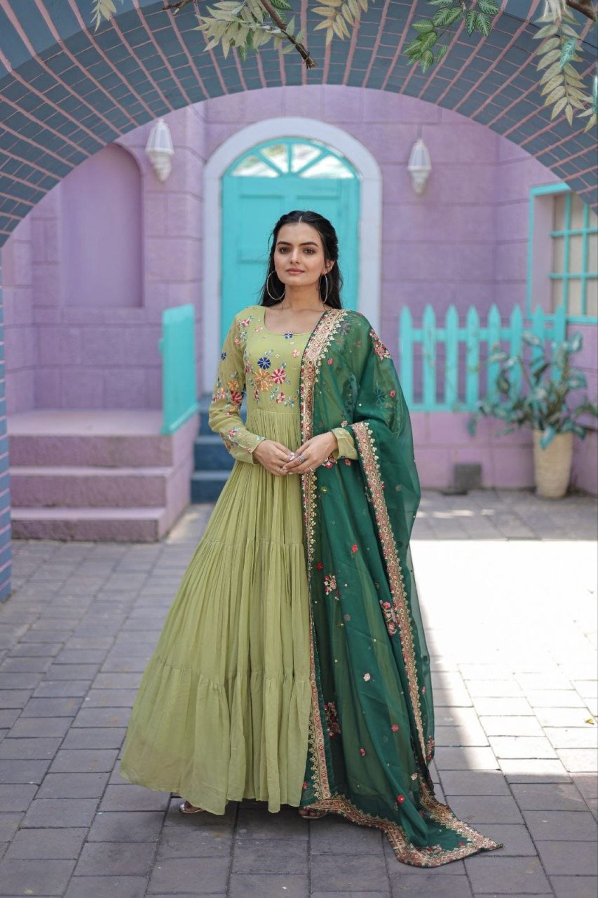 Round Neck Georgette Embroidered Gown With Dupatta - Femenica