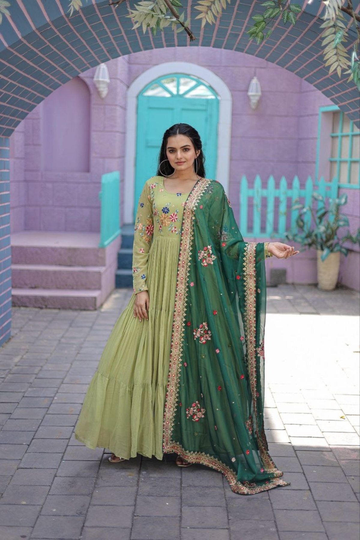 Round Neck Georgette Embroidered Gown With Dupatta - Femenica