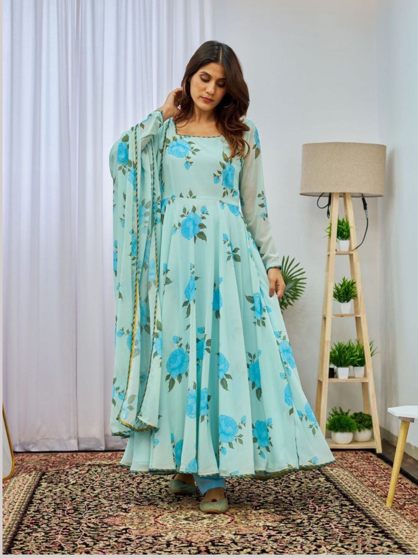 Sky Blue Pretty Floral Gown For Women - Femenica