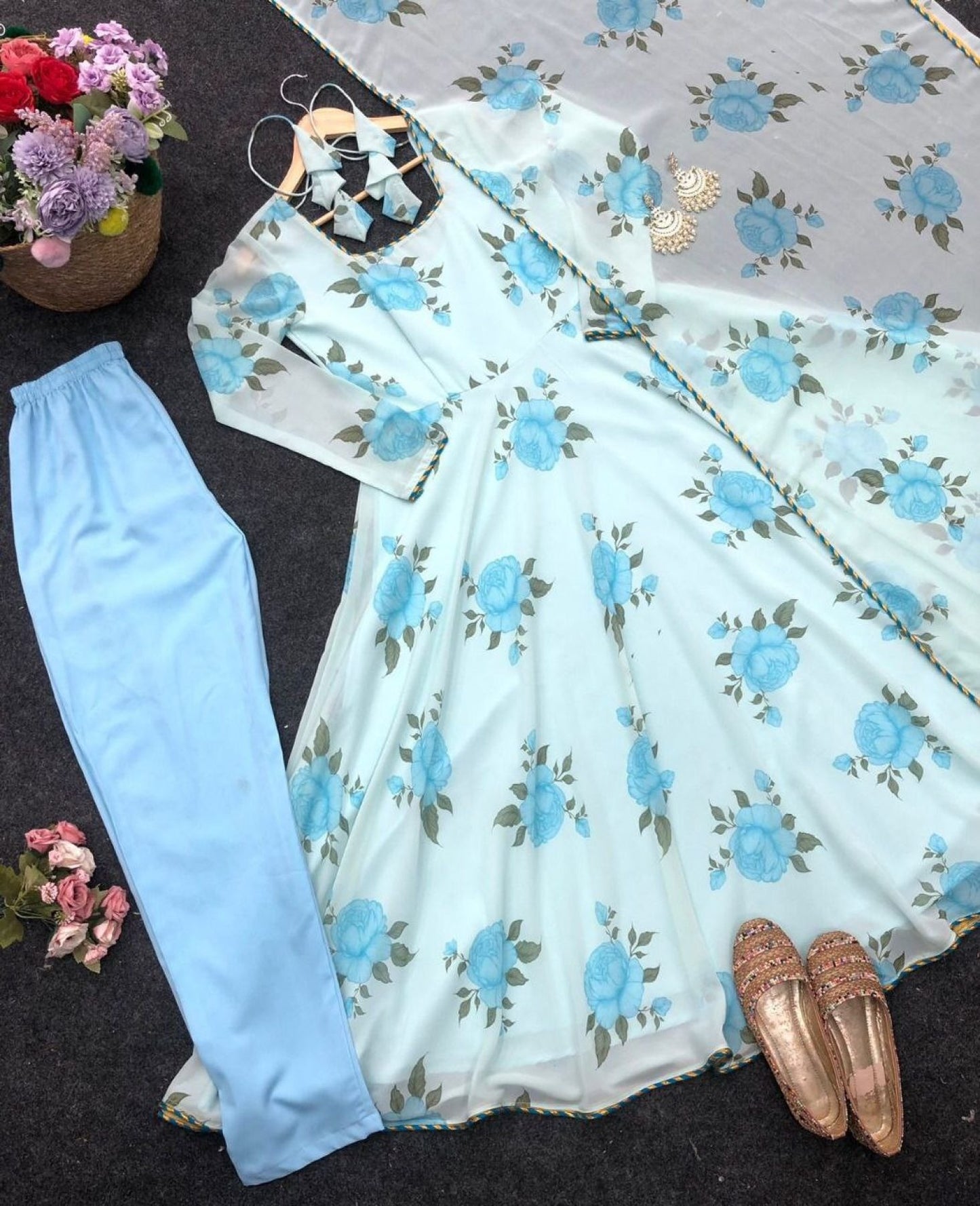 Sky Blue Pretty Floral Gown For Women - Femenica