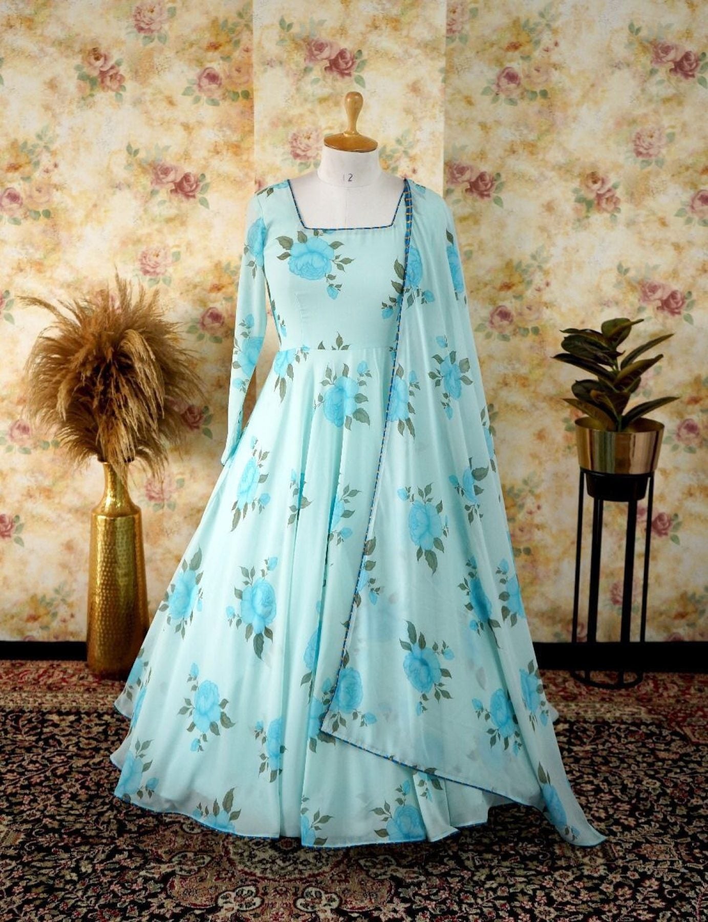 Sky Blue Pretty Floral Gown For Women - Femenica