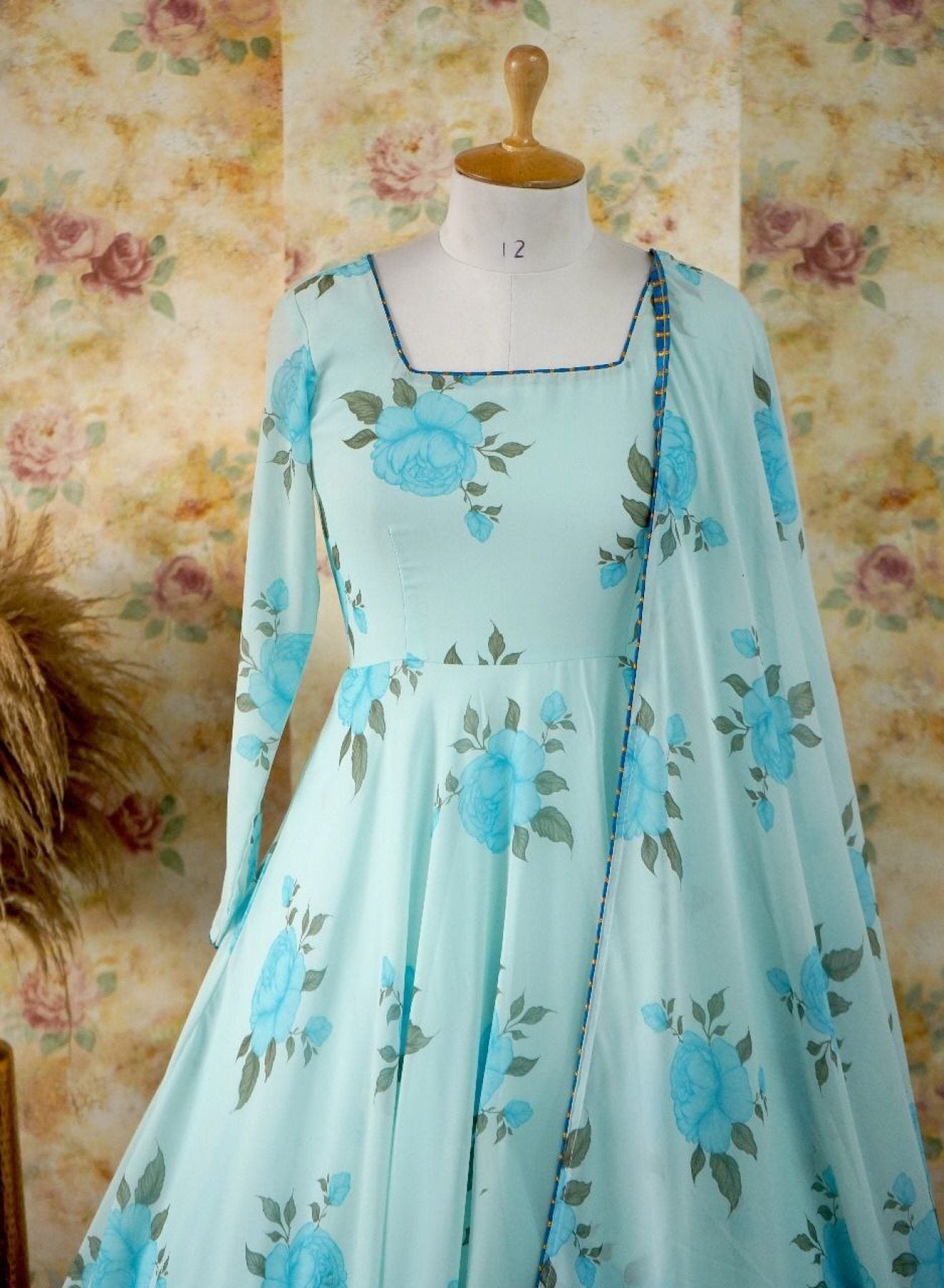 Sky Blue Pretty Floral Gown For Women - Femenica