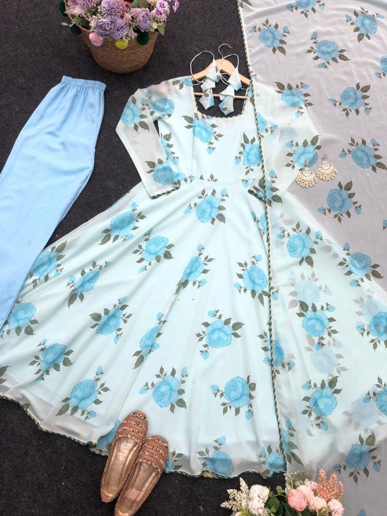 Sky Blue Pretty Floral Gown For Women - Femenica