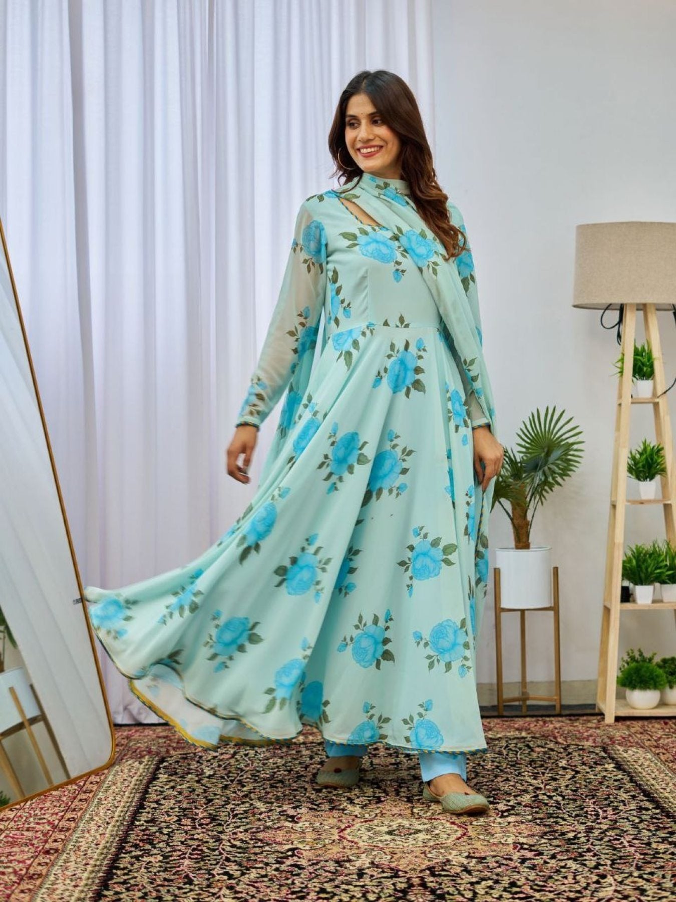 Sky Blue Pretty Floral Gown For Women - Femenica