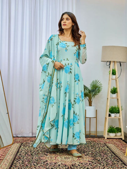 Sky Blue Pretty Floral Gown For Women - Femenica