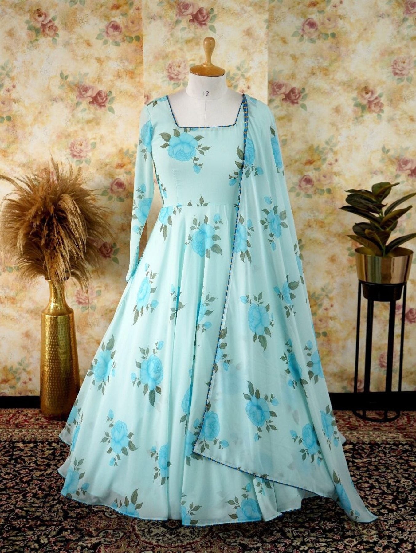 Sky Blue Pretty Floral Gown For Women - Femenica