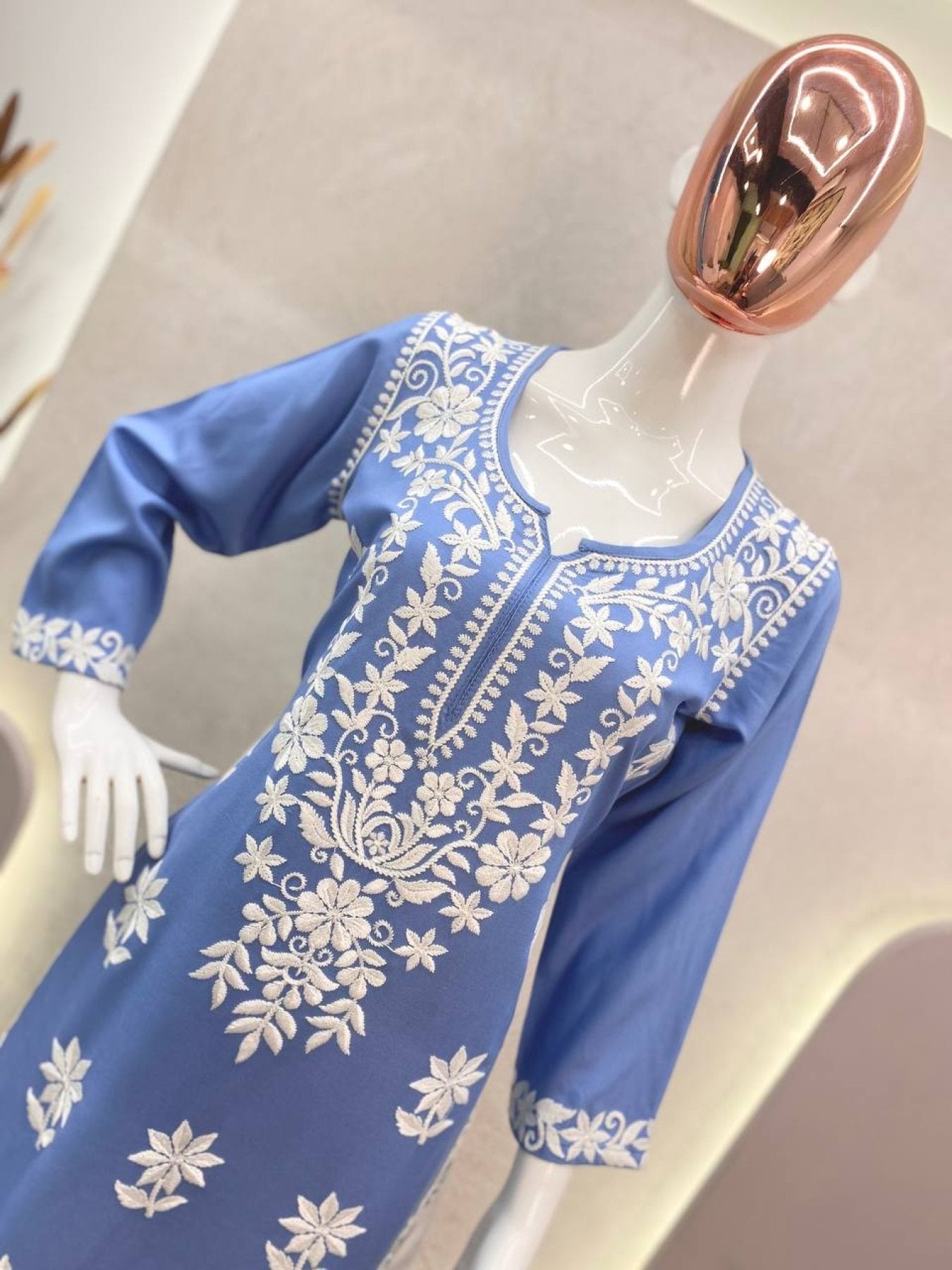 Femenica Sky Blue Rayon Lucknowi Chikankari Kurti with Palazzo | Casual Elegance for Every Occasion - Femenica