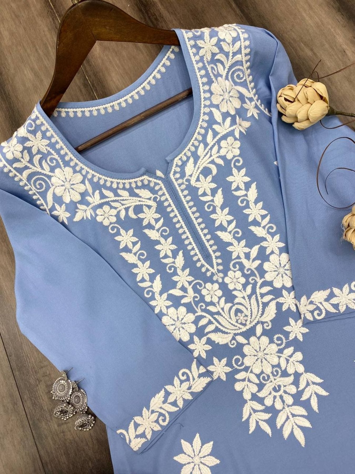 Femenica Sky Blue Rayon Lucknowi Chikankari Kurti with Palazzo | Casual Elegance for Every Occasion - Femenica