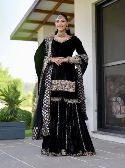 Stunning Designer Party Wear Ensemble Velvet Top Sharara Dupatta with Heavy Embroidery Sequence Work - Femenica