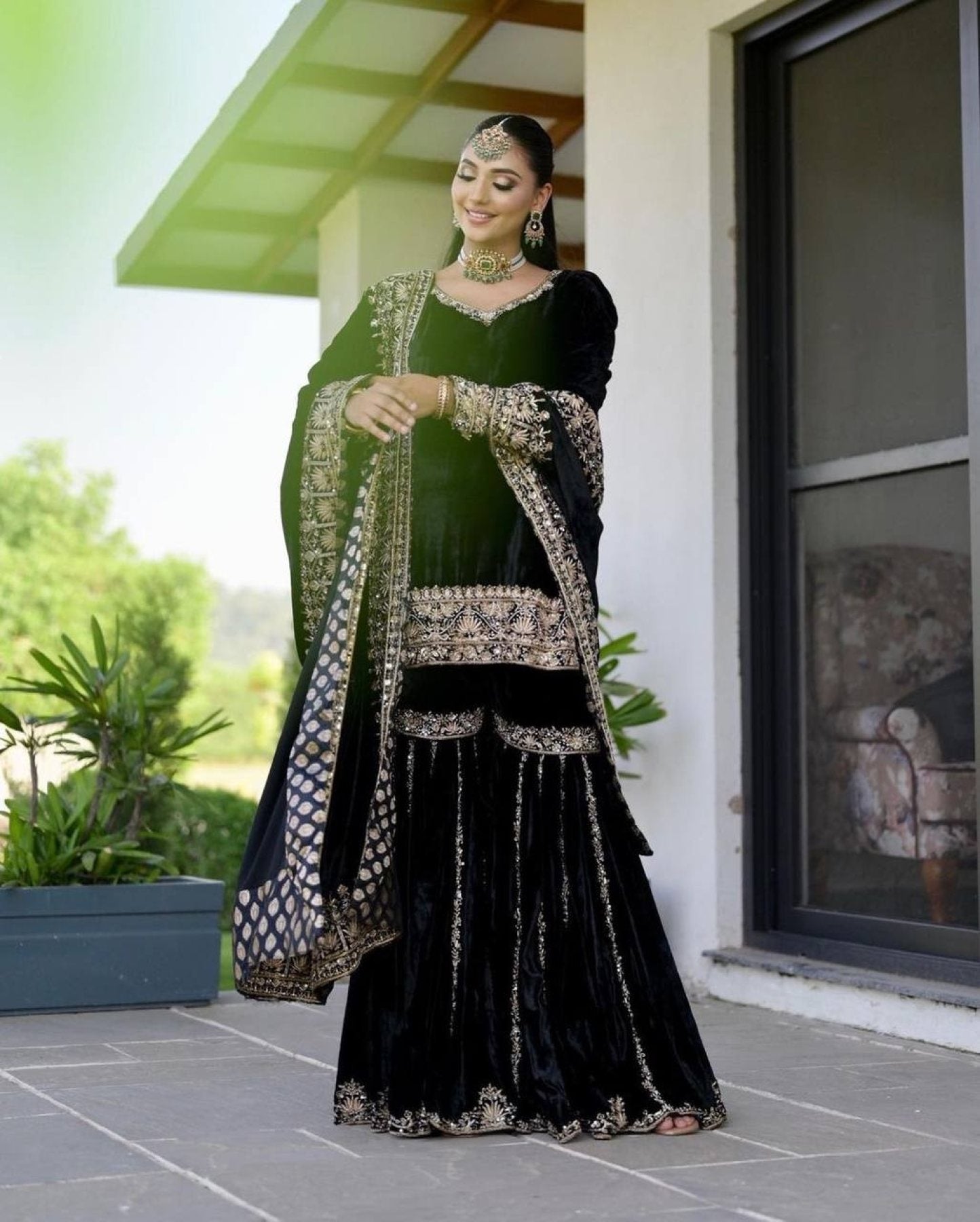 Stunning Designer Party Wear Ensemble Velvet Top Sharara Dupatta with Heavy Embroidery Sequence Work - Femenica