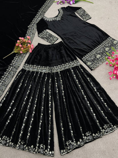 Stunning Designer Party Wear Ensemble Velvet Top Sharara Dupatta with Heavy Embroidery Sequence Work - Femenica