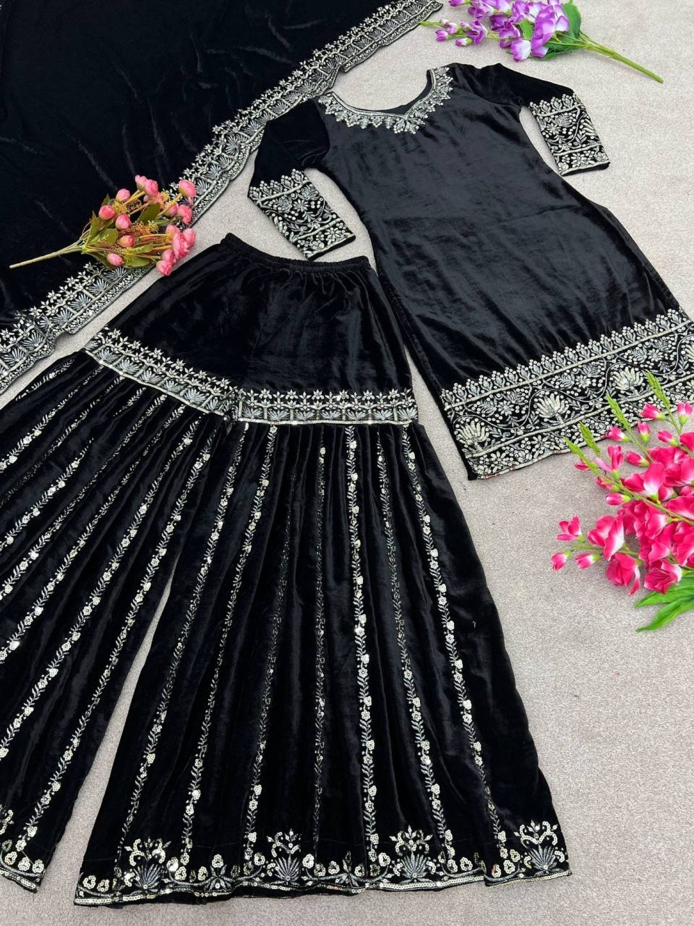 Stunning Designer Party Wear Ensemble Velvet Top Sharara Dupatta with Heavy Embroidery Sequence Work - Femenica