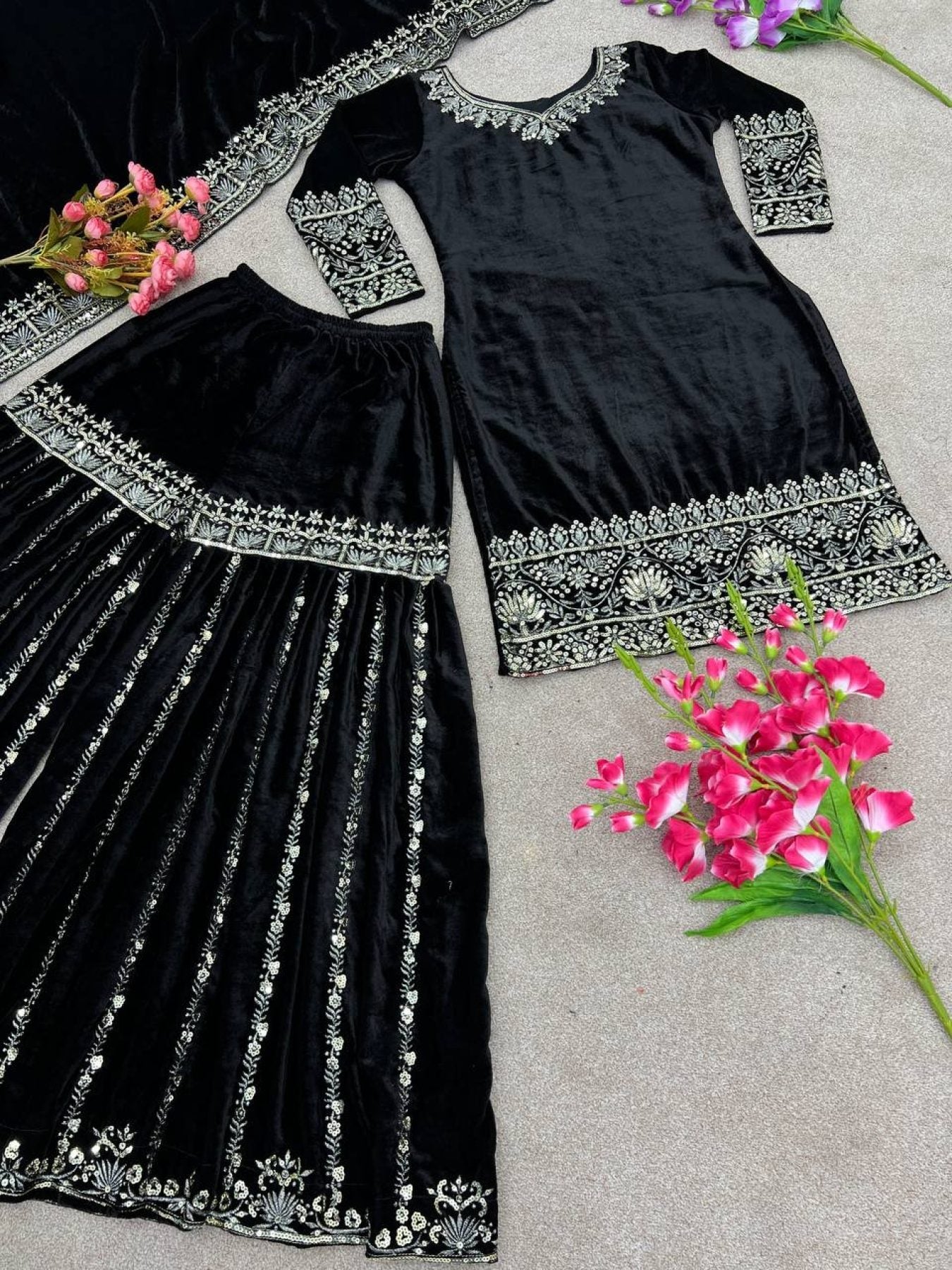 Stunning Designer Party Wear Ensemble Velvet Top Sharara Dupatta with Heavy Embroidery Sequence Work - Femenica