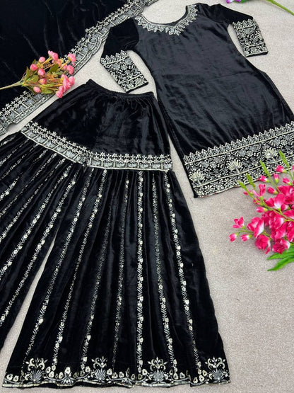 Stunning Designer Party Wear Ensemble Velvet Top Sharara Dupatta with Heavy Embroidery Sequence Work - Femenica